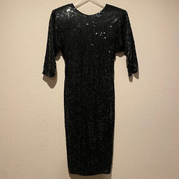 Vintage Oleg‎ Cassini Black Sequin Midi Cocktail Dress Size 4 Petites - Picture 1 of 6
